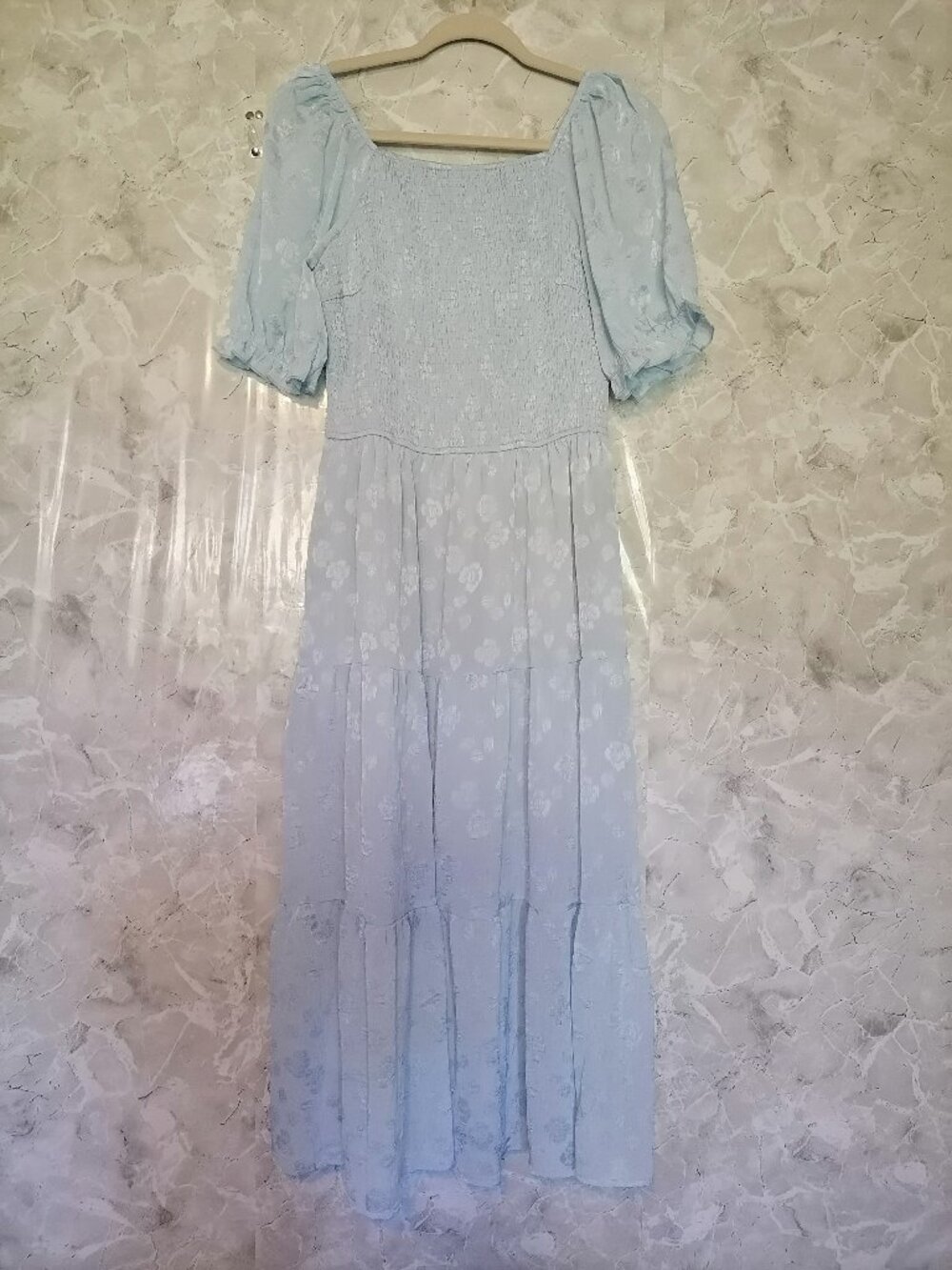 PRETTY GARDEN Baby Blue Puffy Short-sleeved Lined Maxi Dress-Polyester-Size M